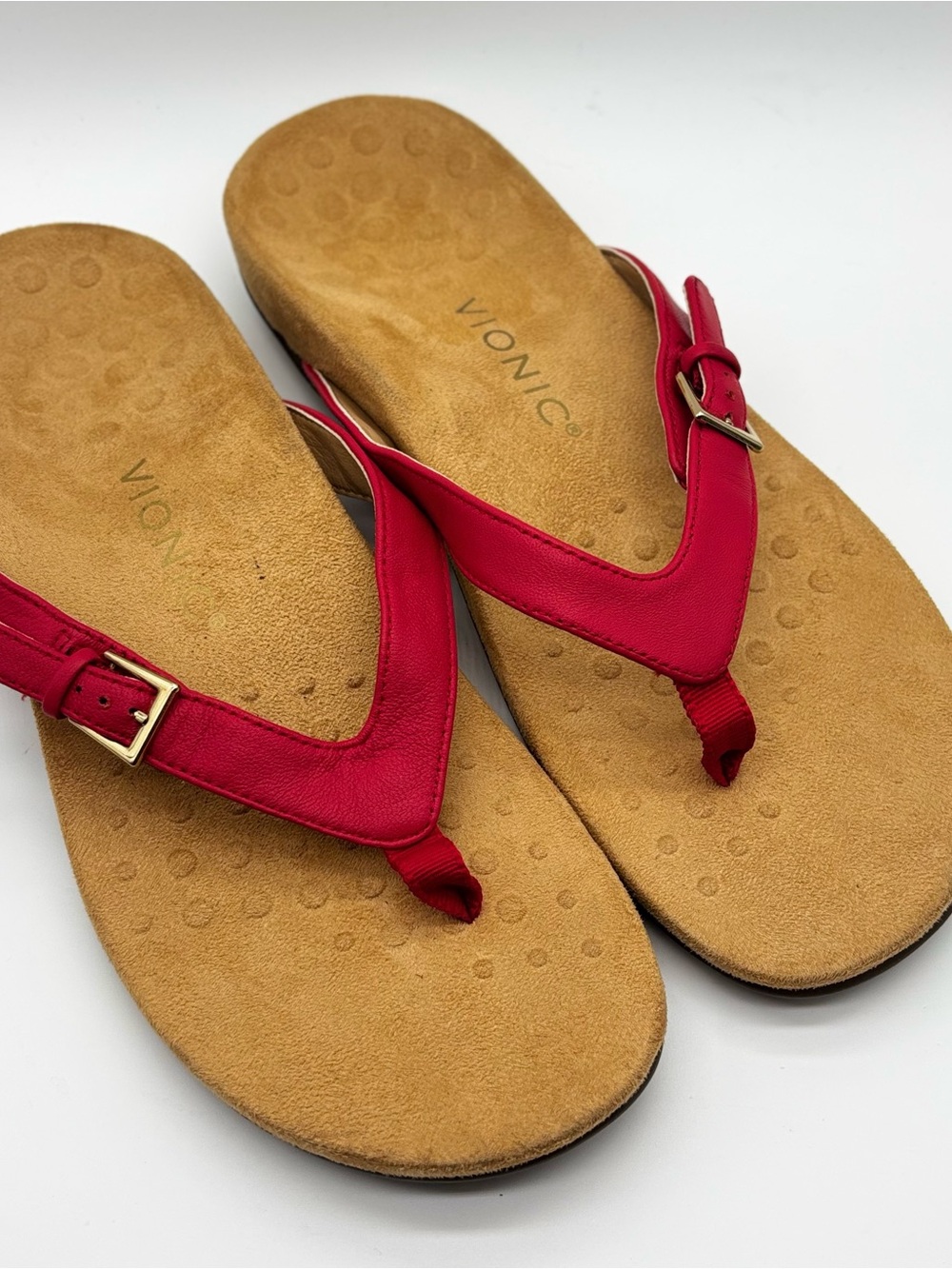 Vionic Red Thong Sandals with Gold Buckle